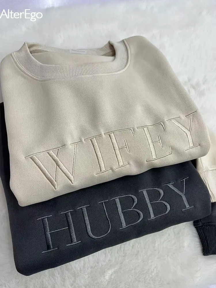 Wifey Hubby Personalized Embroidery Sweatshirt Custom Mr Mrs Pullover Wife Bride Groom Sweatshirts Unisex Sweatshirts Crew Necks