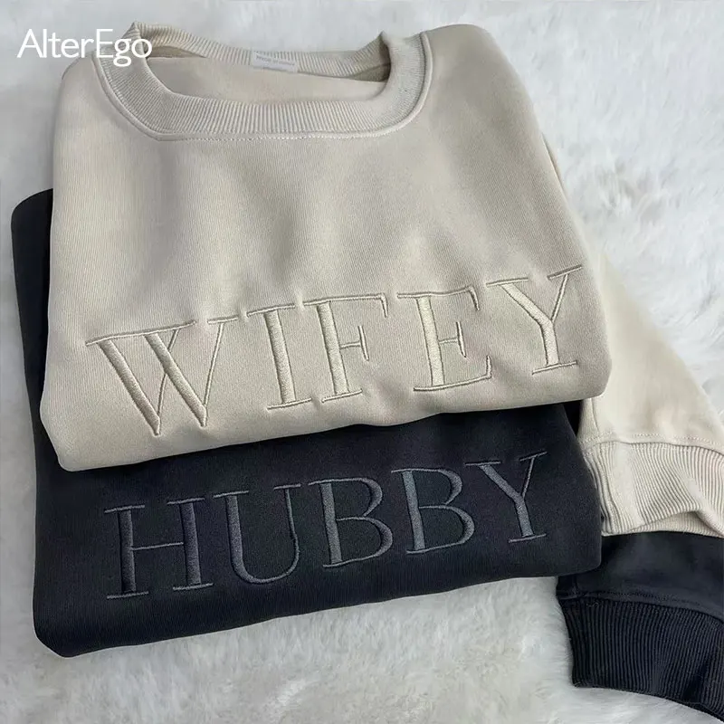 Wifey Hubby Personalized Embroidery Sweatshirt Custom Mr Mrs Pullover Wife Bride Groom Sweatshirts Unisex Sweatshirts Crew Necks