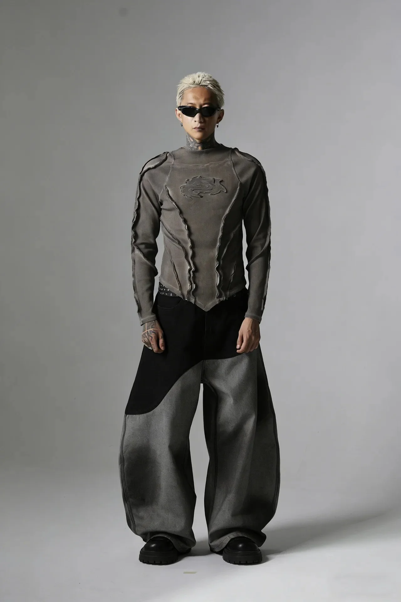 PFNW Fashionable Washed Distressed Slim Fit Top Men's Round Neck Casual Long Sleeved T-shirt 2026 Spring New 28L1595