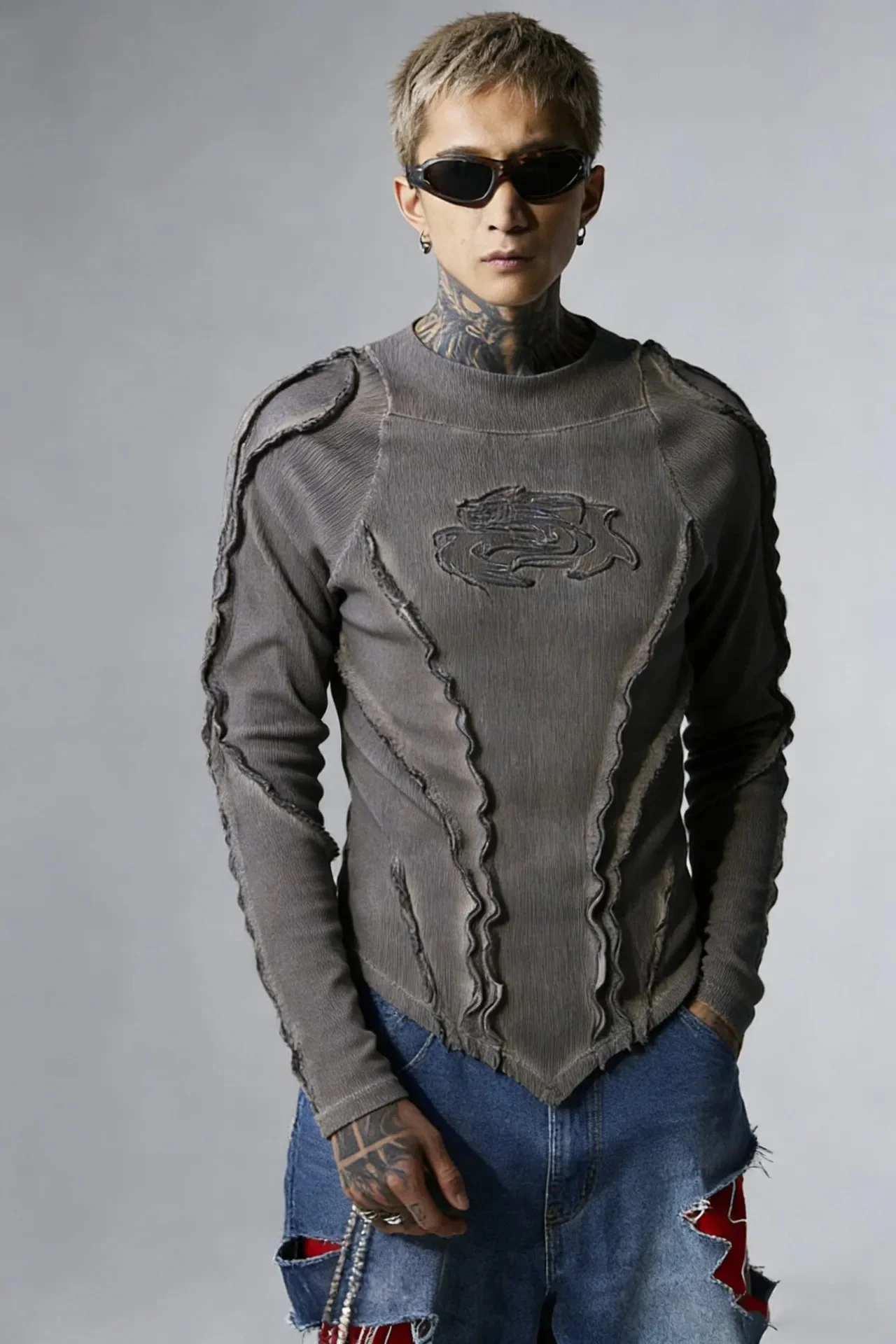 PFNW Fashionable Washed Distressed Slim Fit Top Men's Round Neck Casual Long Sleeved T-shirt 2026 Spring New 28L1595