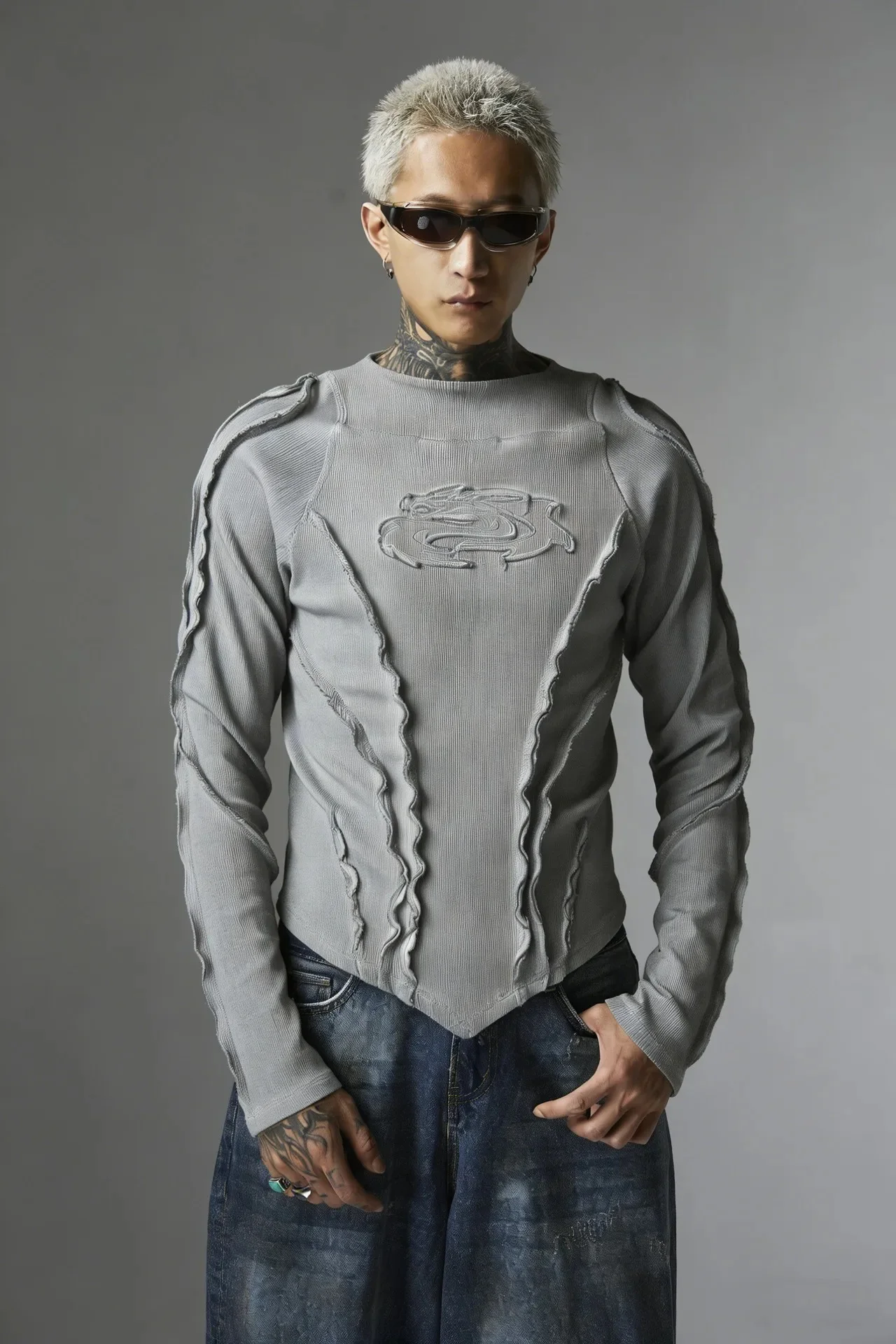PFNW Fashionable Washed Distressed Slim Fit Top Men's Round Neck Casual Long Sleeved T-shirt 2026 Spring New 28L1595