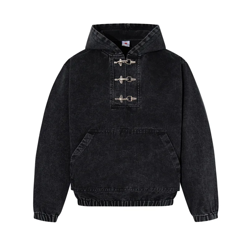 American Retro Half Open Airplane Buckle Hooded Sweatshirt for Men Y2k Korean Fashion High Street Loose Denim Hoodie Pullover