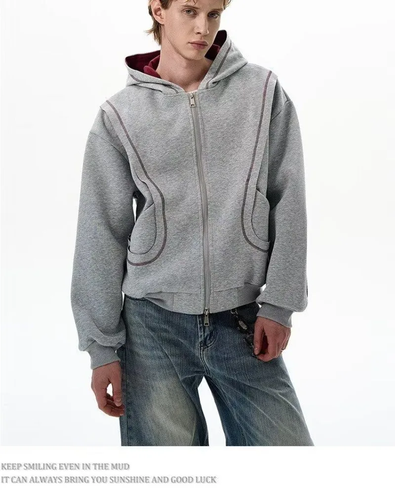 2026 Autumn Winter New Korean Style Men High Street Casual Zip Up Hoodie Jacket Fashion Contrast Hooded Loose Sweatshirt Coat