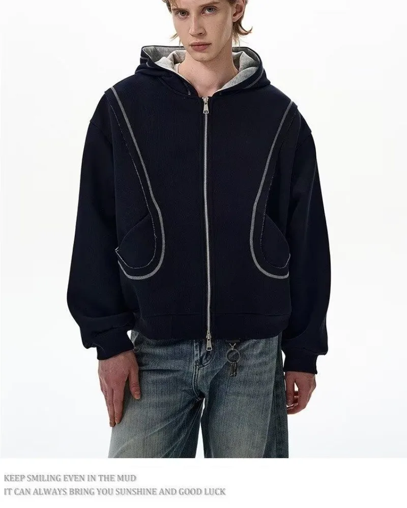 2026 Autumn Winter New Korean Style Men High Street Casual Zip Up Hoodie Jacket Fashion Contrast Hooded Loose Sweatshirt Coat