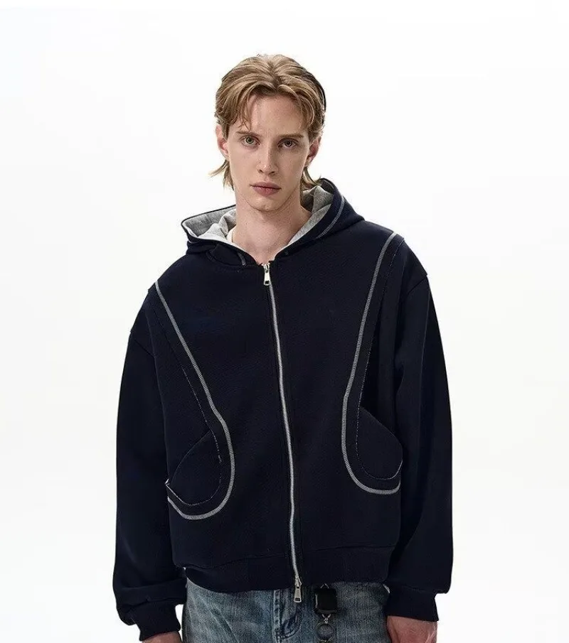 2026 Autumn Winter New Korean Style Men High Street Casual Zip Up Hoodie Jacket Fashion Contrast Hooded Loose Sweatshirt Coat