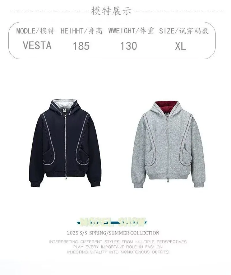 2026 Autumn Winter New Korean Style Men High Street Casual Zip Up Hoodie Jacket Fashion Contrast Hooded Loose Sweatshirt Coat