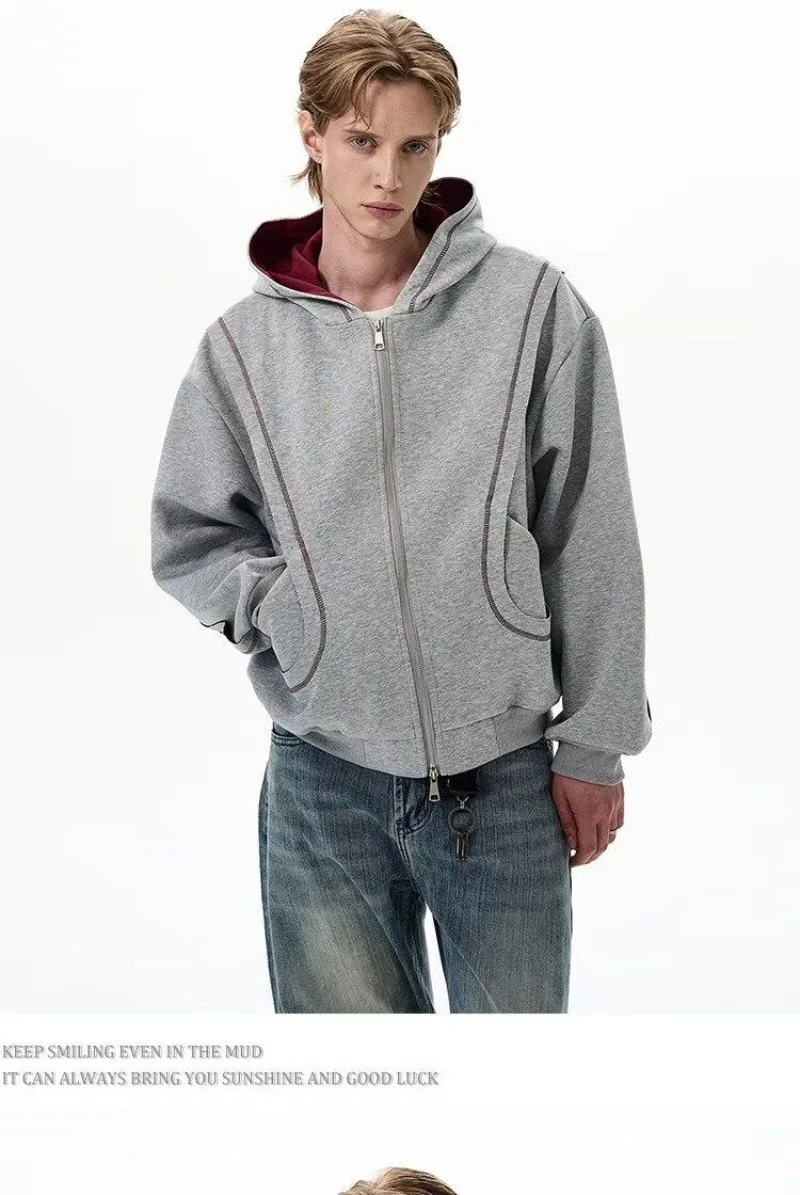 2026 Autumn Winter New Korean Style Men High Street Casual Zip Up Hoodie Jacket Fashion Contrast Hooded Loose Sweatshirt Coat