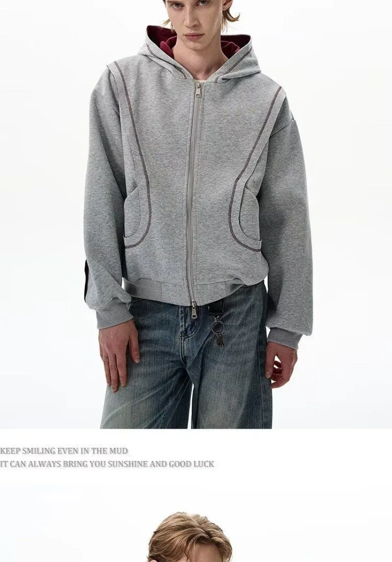 2026 Autumn Winter New Korean Style Men High Street Casual Zip Up Hoodie Jacket Fashion Contrast Hooded Loose Sweatshirt Coat