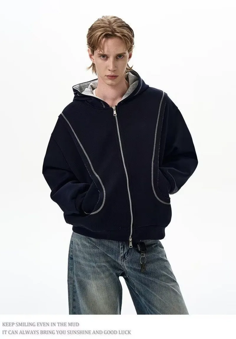 2026 Autumn Winter New Korean Style Men High Street Casual Zip Up Hoodie Jacket Fashion Contrast Hooded Loose Sweatshirt Coat