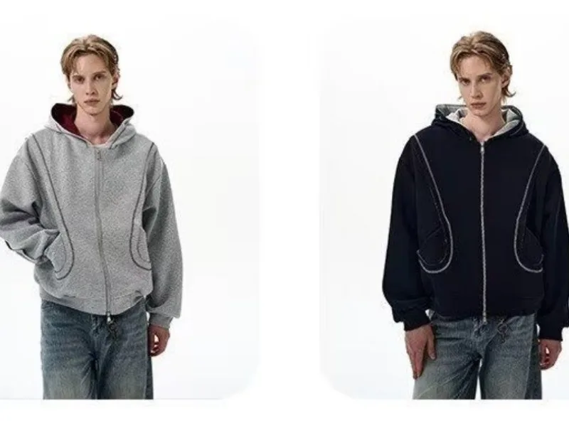 2026 Autumn Winter New Korean Style Men High Street Casual Zip Up Hoodie Jacket Fashion Contrast Hooded Loose Sweatshirt Coat