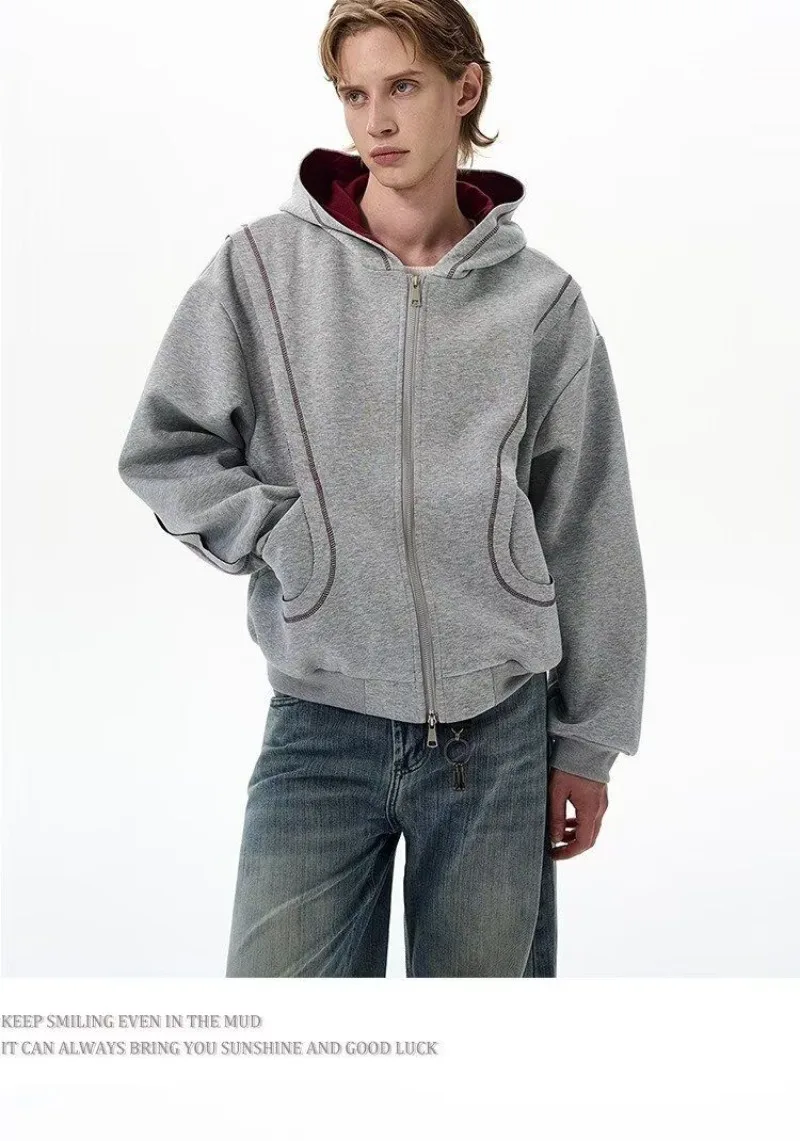 2026 Autumn Winter New Korean Style Men High Street Casual Zip Up Hoodie Jacket Fashion Contrast Hooded Loose Sweatshirt Coat