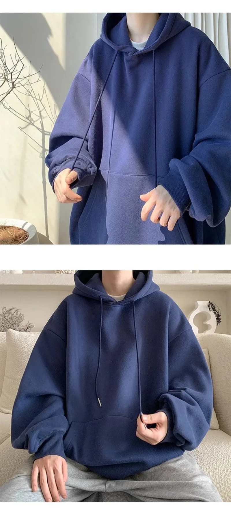 Japanese Style Oversized Men's Hoodie Autumn Winter New Solid Color Casual Loose Hooded Sweatshirt Korean Fashion Streetwear