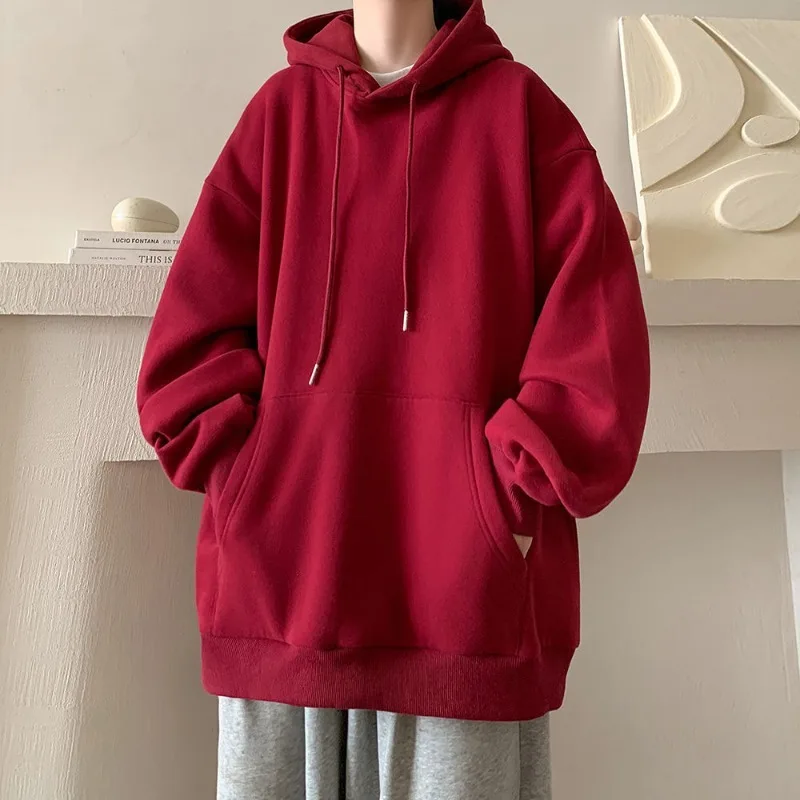 Japanese Style Oversized Men's Hoodie Autumn Winter New Solid Color Casual Loose Hooded Sweatshirt Korean Fashion Streetwear