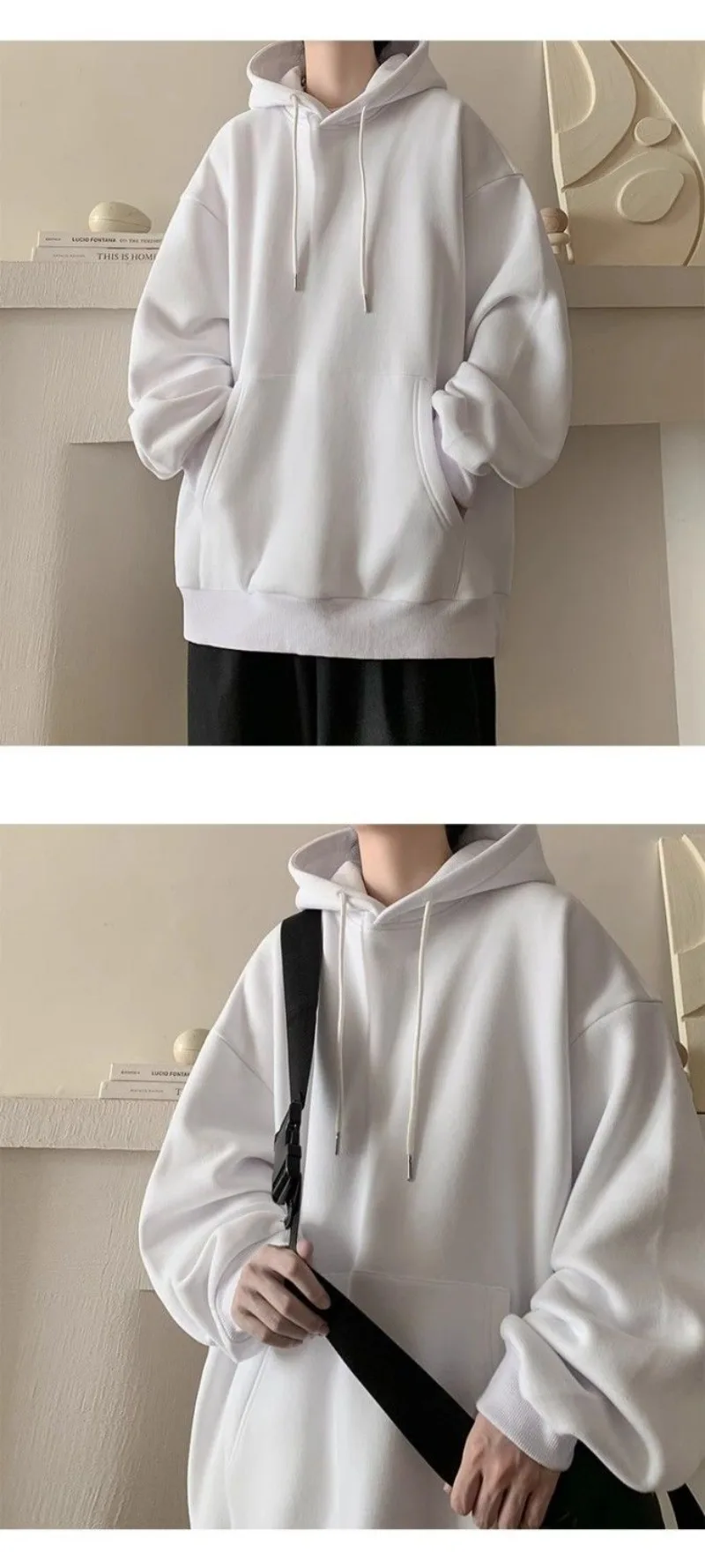 Japanese Style Oversized Men's Hoodie Autumn Winter New Solid Color Casual Loose Hooded Sweatshirt Korean Fashion Streetwear