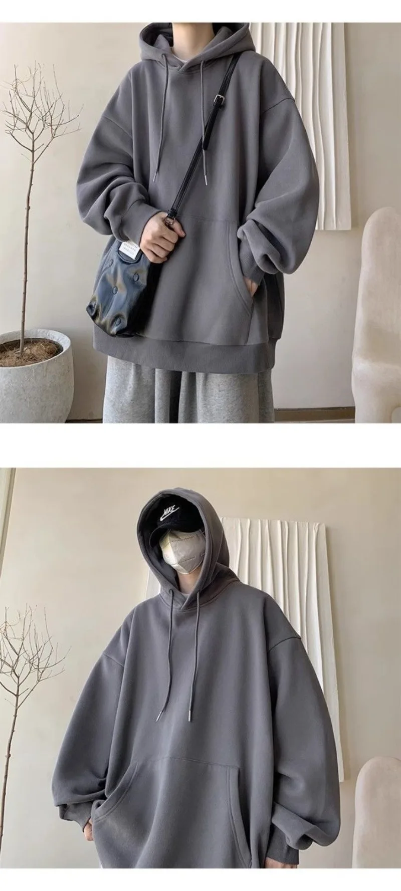 Japanese Style Oversized Men's Hoodie Autumn Winter New Solid Color Casual Loose Hooded Sweatshirt Korean Fashion Streetwear