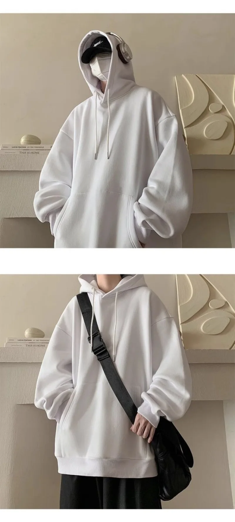 Japanese Style Oversized Men's Hoodie Autumn Winter New Solid Color Casual Loose Hooded Sweatshirt Korean Fashion Streetwear