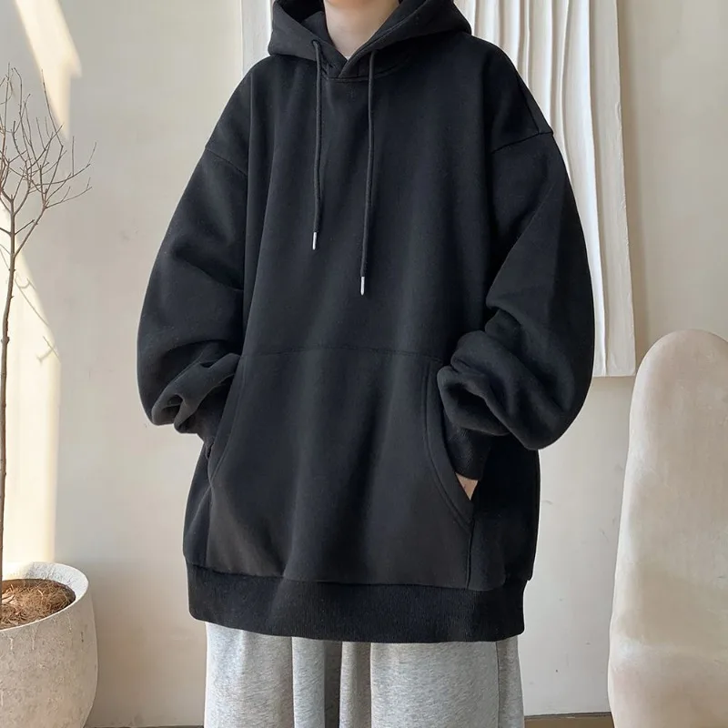 Japanese Style Oversized Men's Hoodie Autumn Winter New Solid Color Casual Loose Hooded Sweatshirt Korean Fashion Streetwear