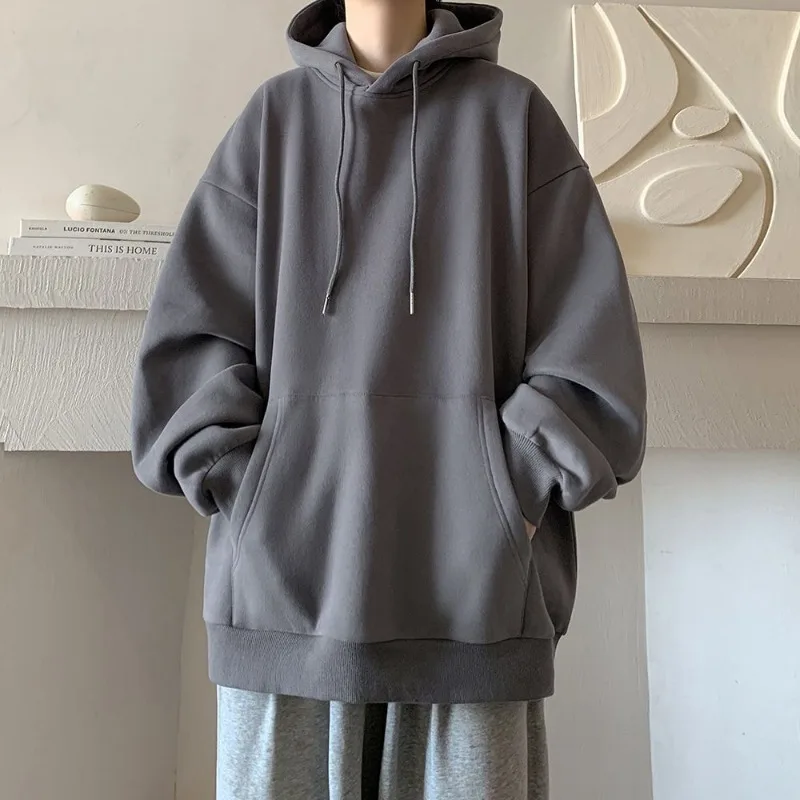Japanese Style Oversized Men's Hoodie Autumn Winter New Solid Color Casual Loose Hooded Sweatshirt Korean Fashion Streetwear