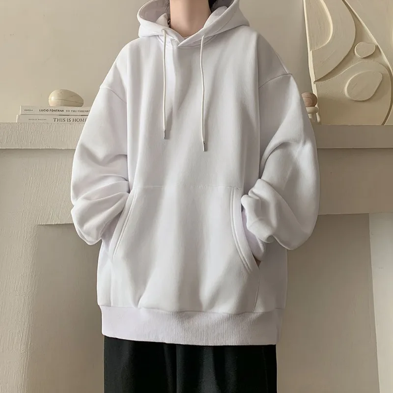 Japanese Style Oversized Men's Hoodie Autumn Winter New Solid Color Casual Loose Hooded Sweatshirt Korean Fashion Streetwear