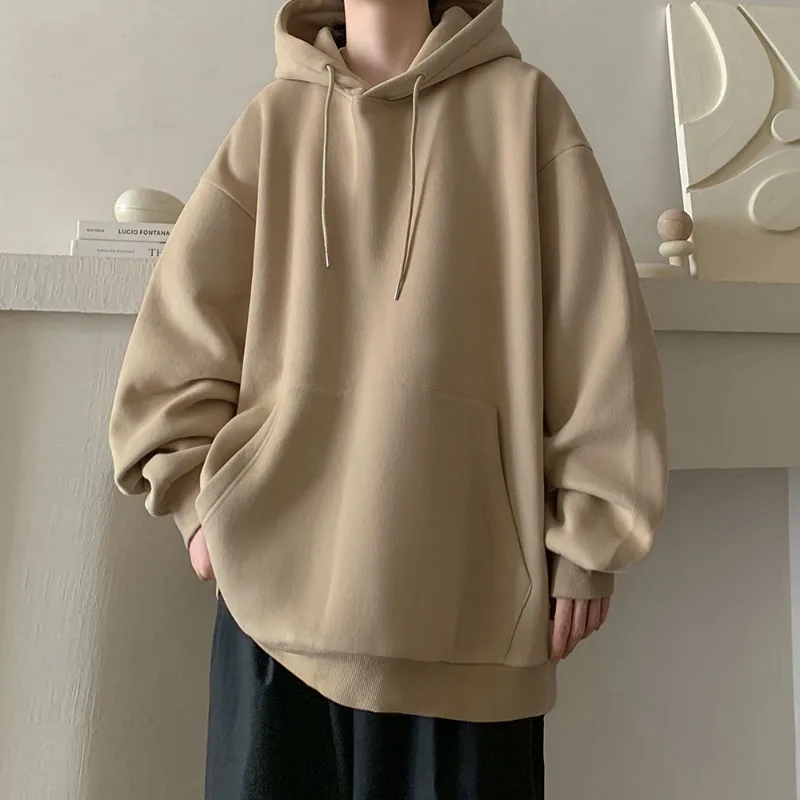 Japanese Style Oversized Men's Hoodie Autumn Winter New Solid Color Casual Loose Hooded Sweatshirt Korean Fashion Streetwear
