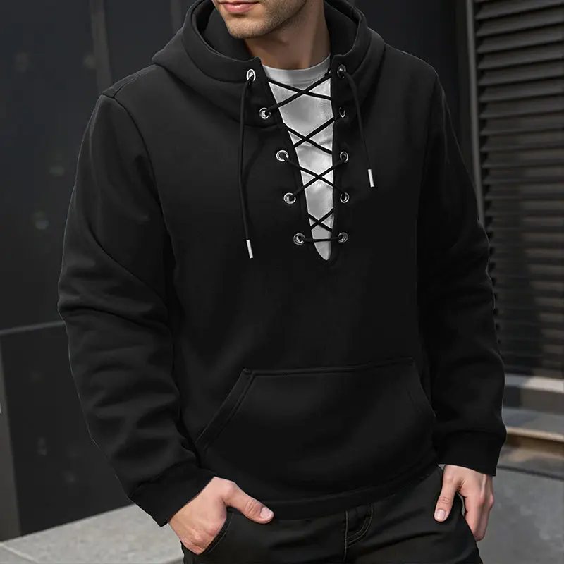 Men's Fashion Hooded Drawstring Sweatshirt Casual Autumn Fleece Pullover Solid Color with Big Pocket Streetwear