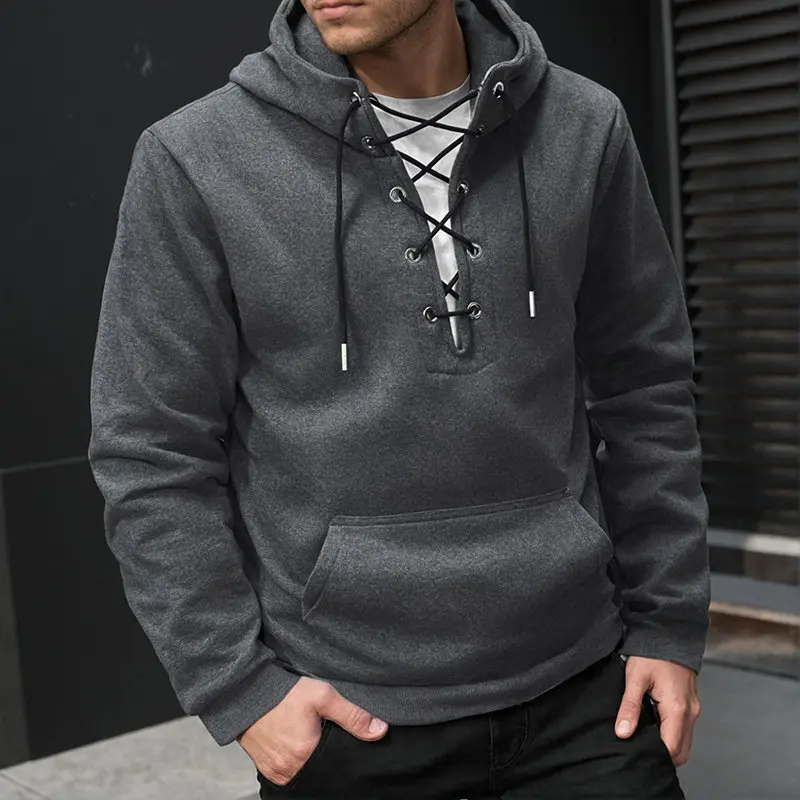 Men's Fashion Hooded Drawstring Sweatshirt Casual Autumn Fleece Pullover Solid Color with Big Pocket Streetwear