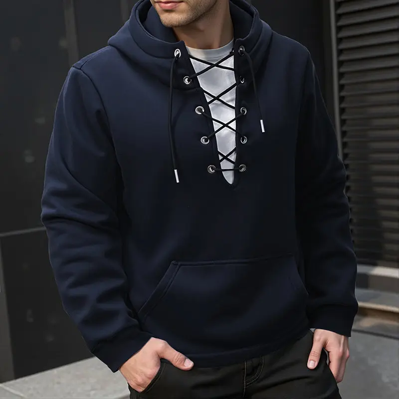 Men's Fashion Hooded Drawstring Sweatshirt Casual Autumn Fleece Pullover Solid Color with Big Pocket Streetwear