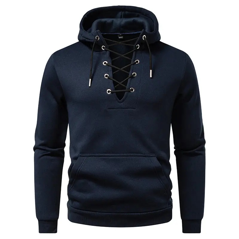 Men's Fashion Hooded Drawstring Sweatshirt Casual Autumn Fleece Pullover Solid Color with Big Pocket Streetwear