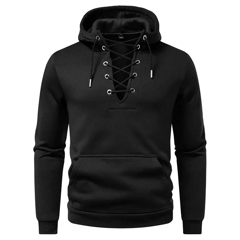 Men's Fashion Hooded Drawstring Sweatshirt Casual Autumn Fleece Pullover Solid Color with Big Pocket Streetwear