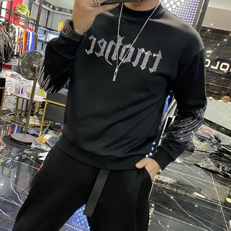 New Casual 100% cotton Rhinestones HOODIE Hip Hop Street wear Sweatshirts Skateboard Men Pullover Hoodies Male