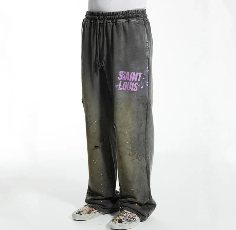 SSSAINT LOUIS Men's Casual Straight Leg Pants Destructed Heavyweight Long Trousers Cotton Sweatpants