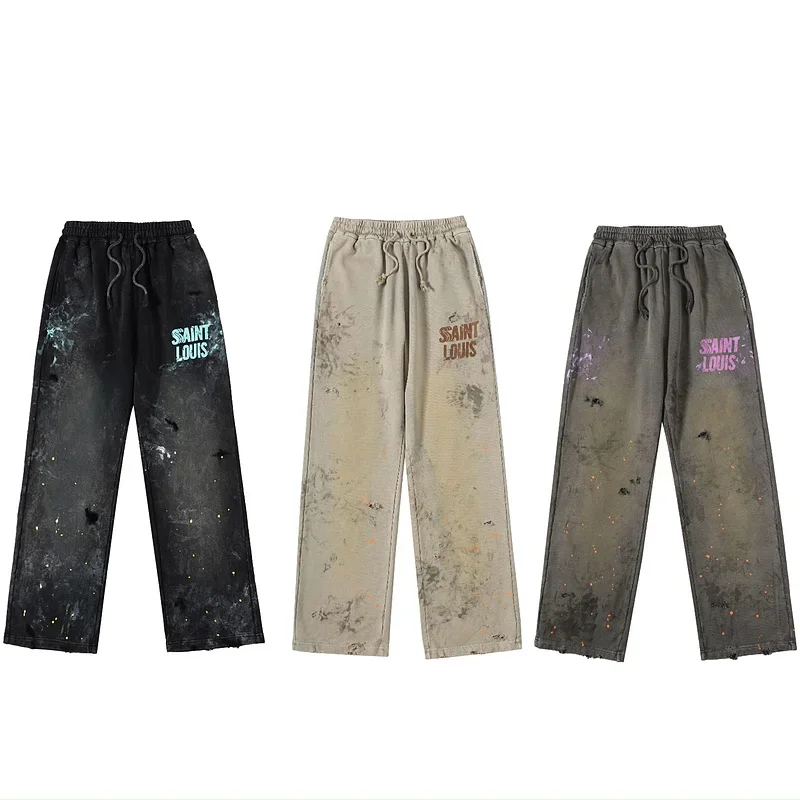 SSSAINT LOUIS Men's Casual Straight Leg Pants Destructed Heavyweight Long Trousers Cotton Sweatpants