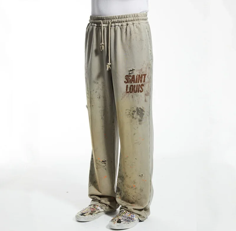 SSSAINT LOUIS Men's Casual Straight Leg Pants Destructed Heavyweight Long Trousers Cotton Sweatpants