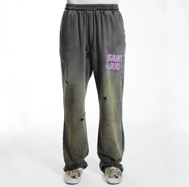 SSSAINT LOUIS Men's Casual Straight Leg Pants Destructed Heavyweight Long Trousers Cotton Sweatpants