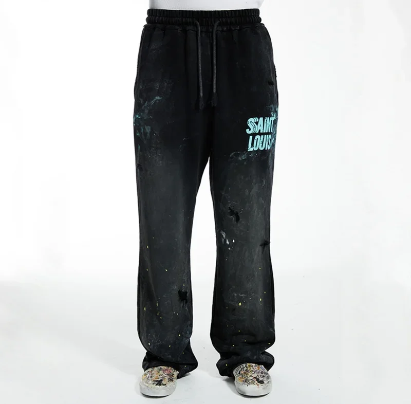 SSSAINT LOUIS Men's Casual Straight Leg Pants Destructed Heavyweight Long Trousers Cotton Sweatpants