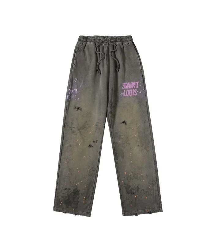 SSSAINT LOUIS Men's Casual Straight Leg Pants Destructed Heavyweight Long Trousers Cotton Sweatpants