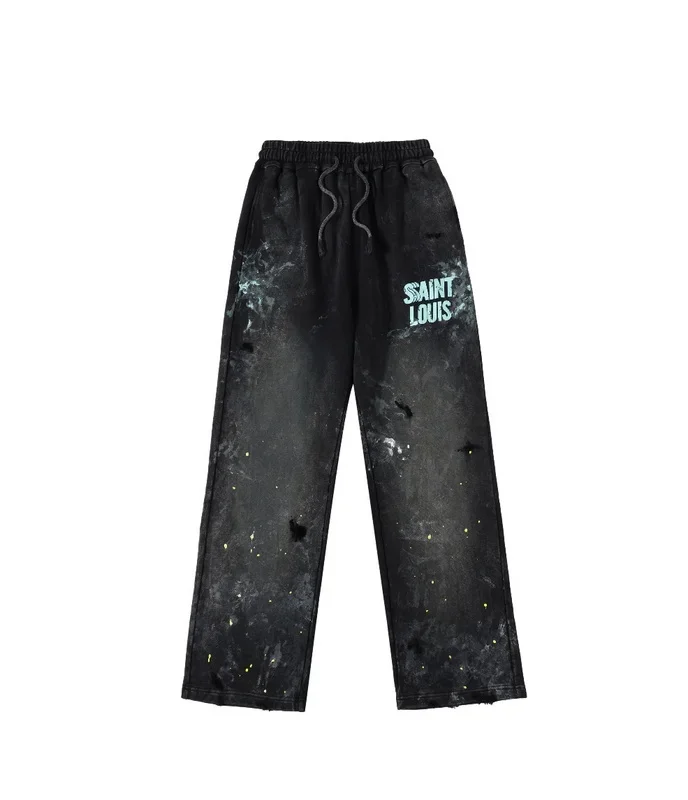 SSSAINT LOUIS Men's Casual Straight Leg Pants Destructed Heavyweight Long Trousers Cotton Sweatpants