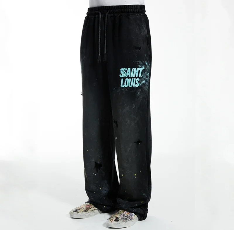 SSSAINT LOUIS Men's Casual Straight Leg Pants Destructed Heavyweight Long Trousers Cotton Sweatpants