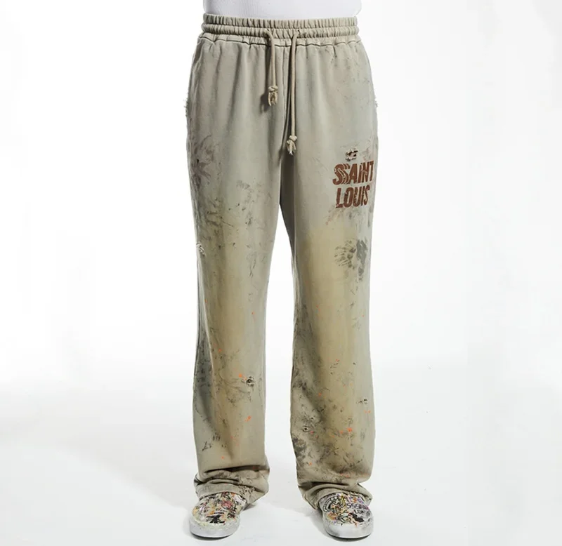 SSSAINT LOUIS Men's Casual Straight Leg Pants Destructed Heavyweight Long Trousers Cotton Sweatpants