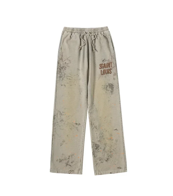 SSSAINT LOUIS Men's Casual Straight Leg Pants Destructed Heavyweight Long Trousers Cotton Sweatpants