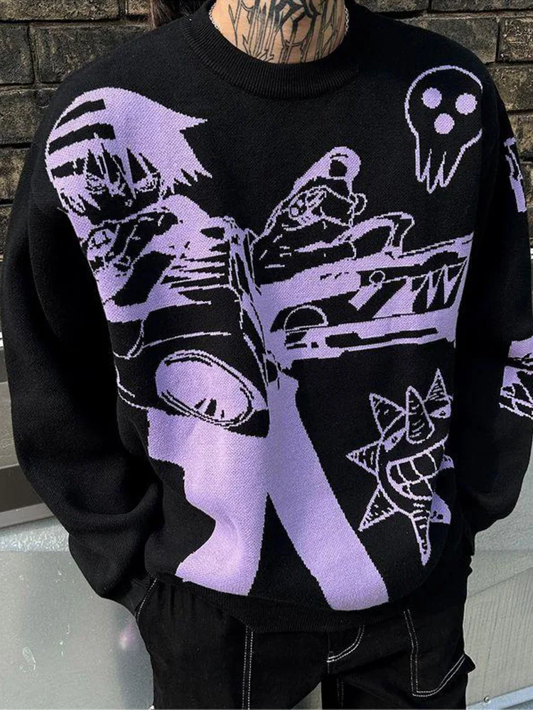 2025 Autumn/Winter Cross-Border Trend Anime Round Neck Sweater Japanese Casual Style Loose Men's Knitted Top