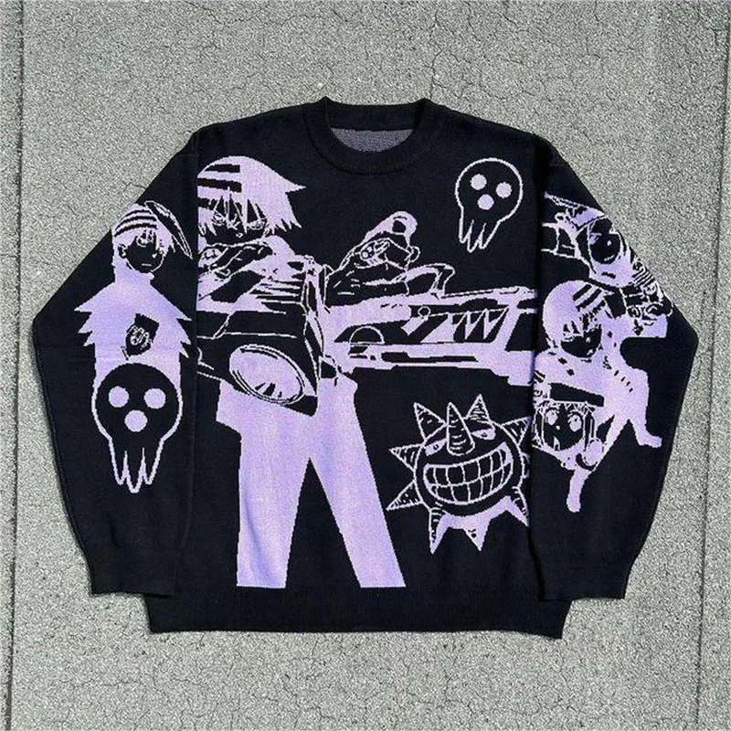 2025 Autumn/Winter Cross-Border Trend Anime Round Neck Sweater Japanese Casual Style Loose Men's Knitted Top