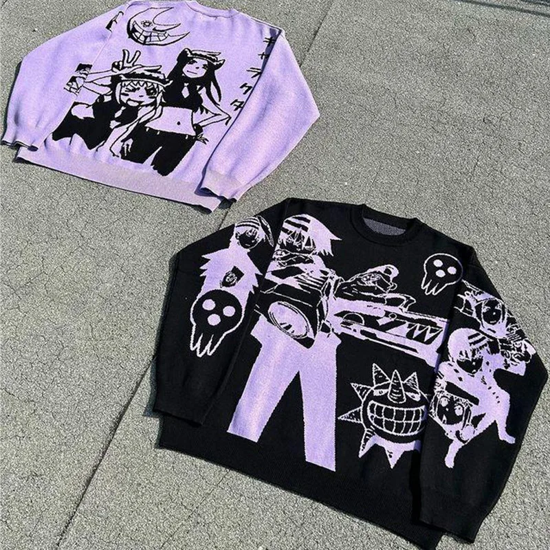 2025 Autumn/Winter Cross-Border Trend Anime Round Neck Sweater Japanese Casual Style Loose Men's Knitted Top