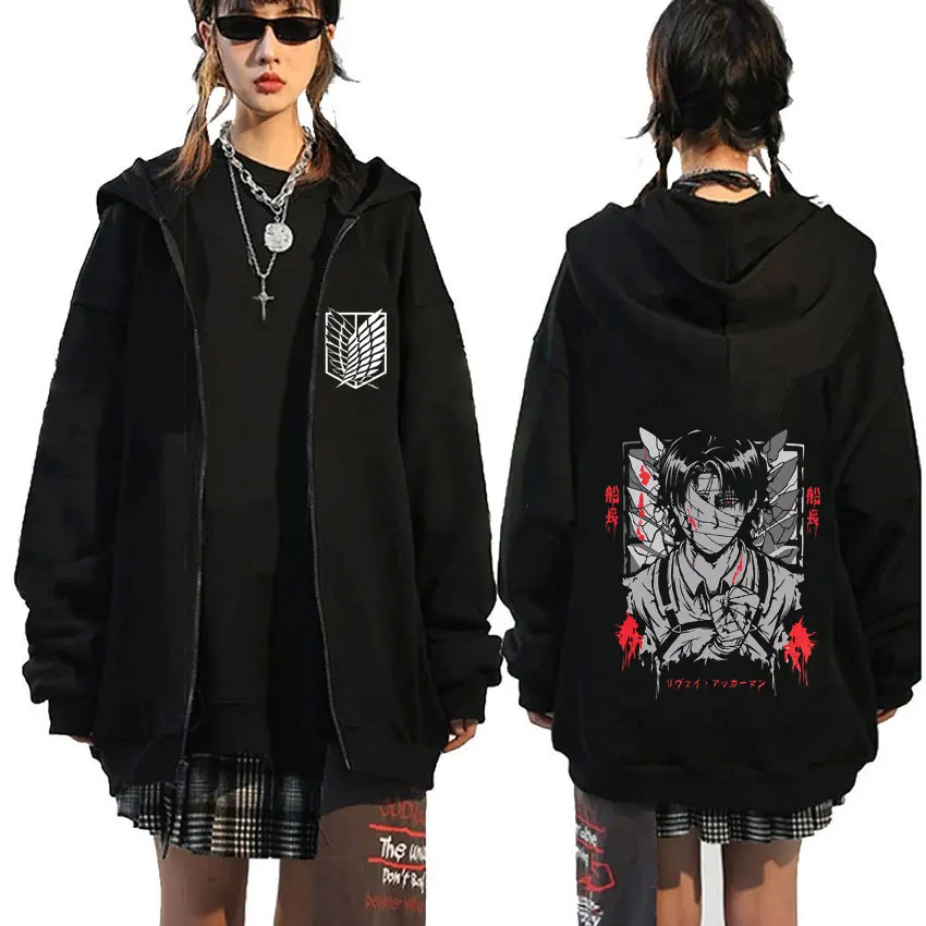 Anime Attack on Titan Levi Ackerman Face Graphic Zipper Hoodie Men Cartoon Manga Merch Zip Up Jacket Men's Oversized Streetwear