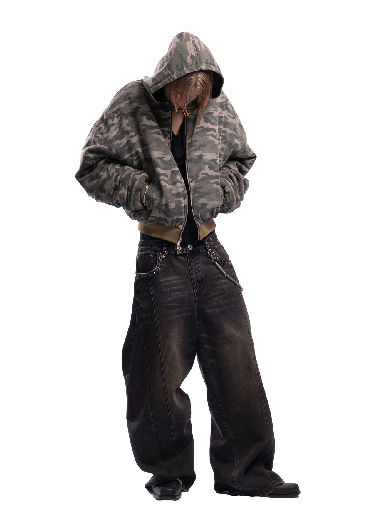 Mens Camouflage Retro Zip Up Hoodie Set 2 in 1 Reversible Gray Couple Pullover Casual Loose Comfort Streetwear Hooded Sweatshirt