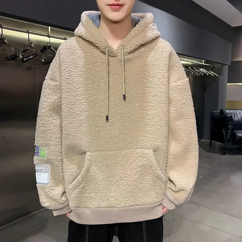 Warm Lambswool Hoodie Men Fleece Lined Sportswear Korean Pullover Thickened Thermal Windproof Patchwork Versatile Sweatshirt