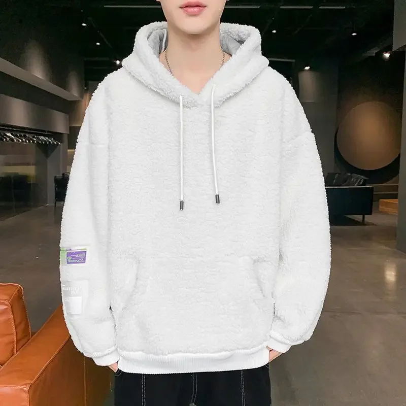 Warm Lambswool Hoodie Men Fleece Lined Sportswear Korean Pullover Thickened Thermal Windproof Patchwork Versatile Sweatshirt