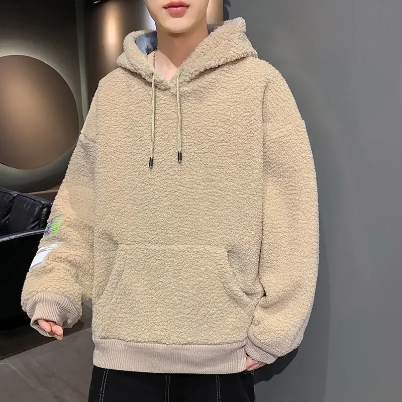Warm Lambswool Hoodie Men Fleece Lined Sportswear Korean Pullover Thickened Thermal Windproof Patchwork Versatile Sweatshirt