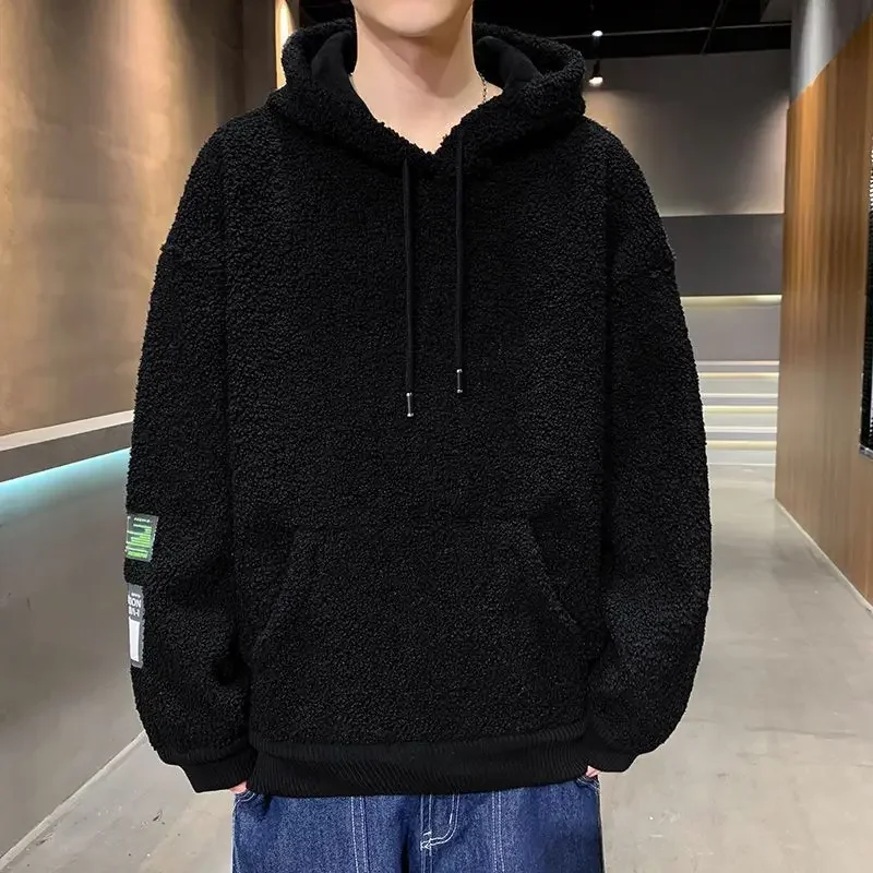 Warm Lambswool Hoodie Men Fleece Lined Sportswear Korean Pullover Thickened Thermal Windproof Patchwork Versatile Sweatshirt