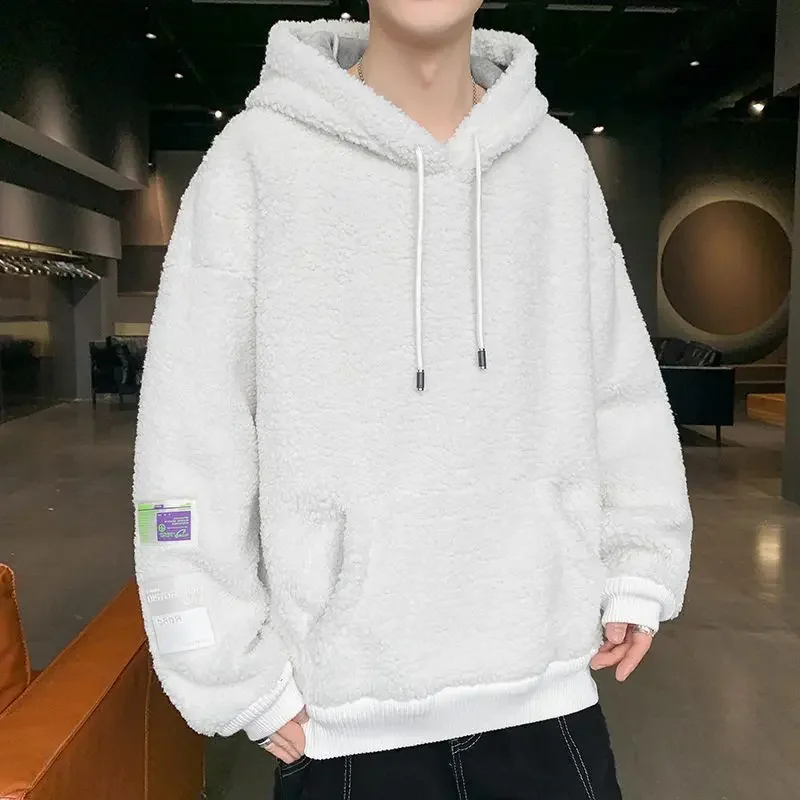 Warm Lambswool Hoodie Men Fleece Lined Sportswear Korean Pullover Thickened Thermal Windproof Patchwork Versatile Sweatshirt